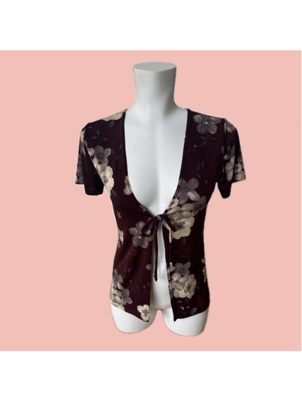 Vintage floral tie front top S/M sheer stretch blouse – Y2K